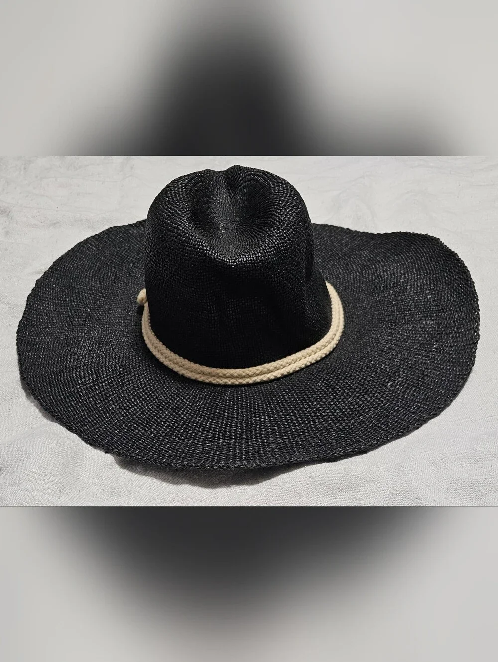 Free People Black Straw Paper Woven Sun Hat Wide Brim Rope Accent Beach One Size